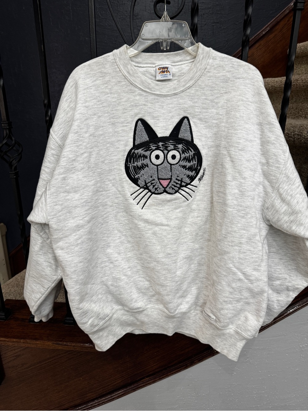 Vintage Large B. Kliban Hawaii Embroidered Cat Face Grey Sweatshirt Crazy Shirts